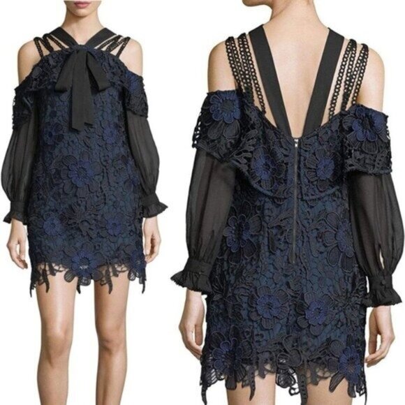 Self-Portrait 3D Floral Guipure Lace Navy Blue Black Off Shoulder Dress Size 10